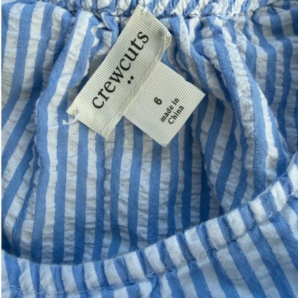 Crewcuts Girls Blue White Striped Seersucker Drop Waist Dress Pink Scallop 6
